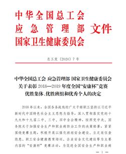 公司榮獲2018—2019年度全國 “安康杯”競賽優勝集體稱號